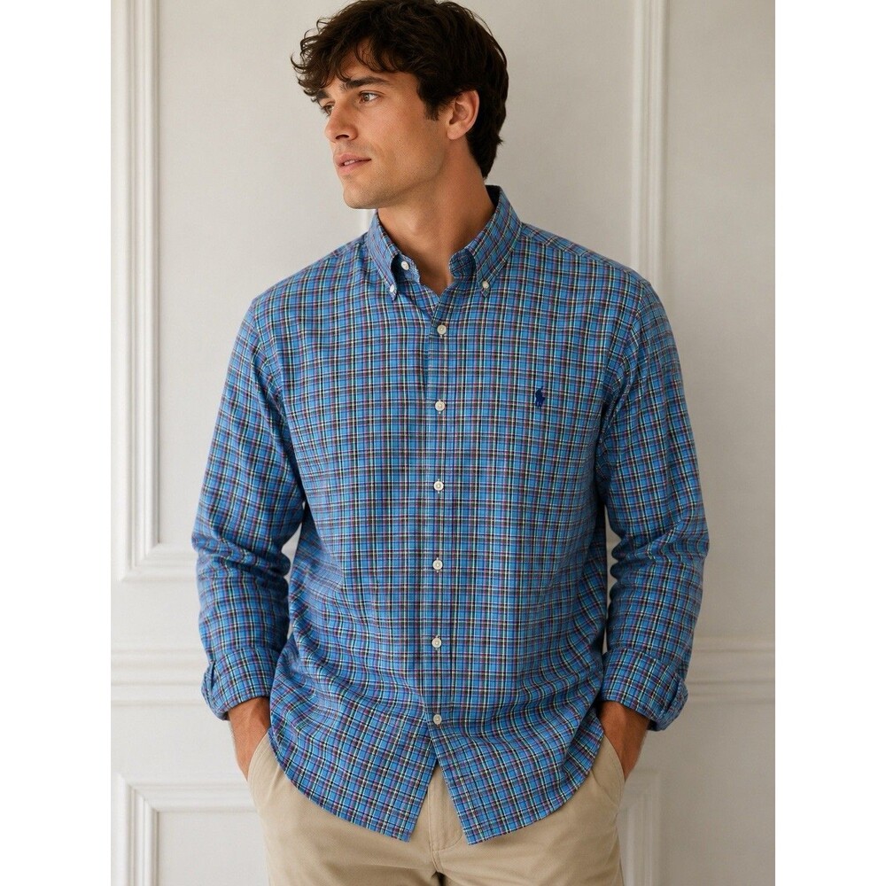 Ralph Lauren Shirt XL Blue Red Plaid Button-Down Long Sleeve Preppy Dress Men